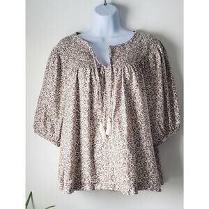 Old Navy Womens Peasant Cream Brown Short Sleeve Blouse Size XL Boho Cottage